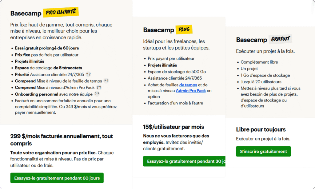 Grille des tarifs et forfaits illimités ou par utilisateur de Basecamp face à l'offre de monday.