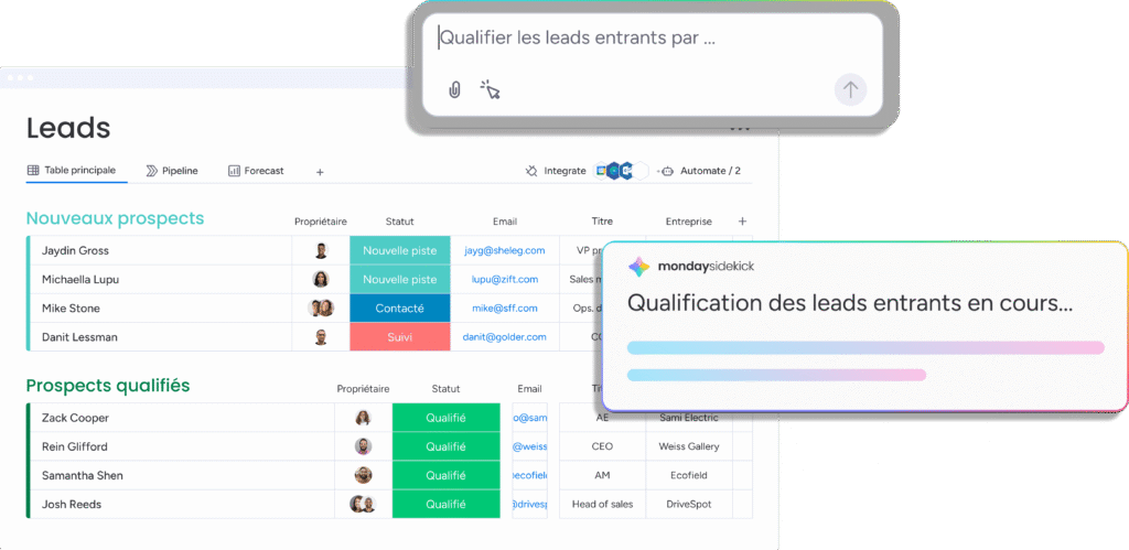 Interface CRM et tableau de suivi pour la qualification automatique des leads entrants par les monday AI agents.
