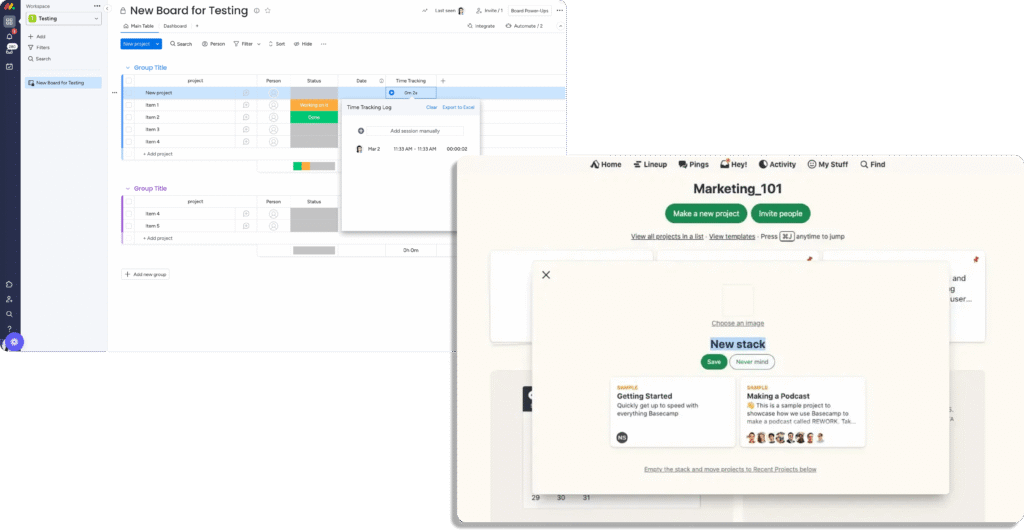 Comparatif de la courbe d'apprentissage et de l'onboarding intuitif entre Basecamp et monday.