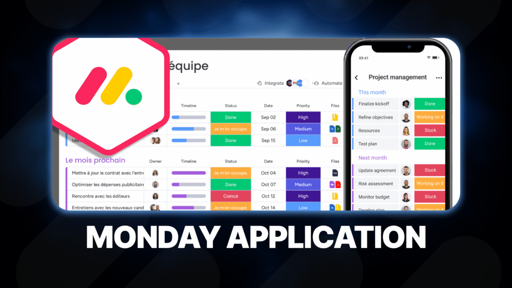 Image de couverture présentant l'interface de gestion d'équipe et la version mobile de la monday application.