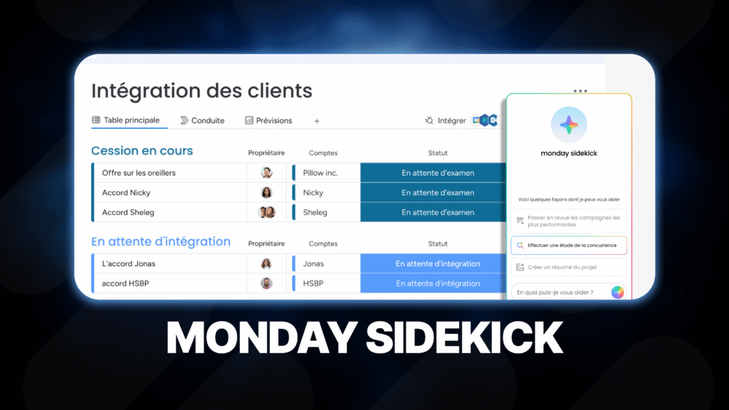 Couverture officielle mettant en avant l'assistant IA monday Sidekick pour l'intégration des clients.
