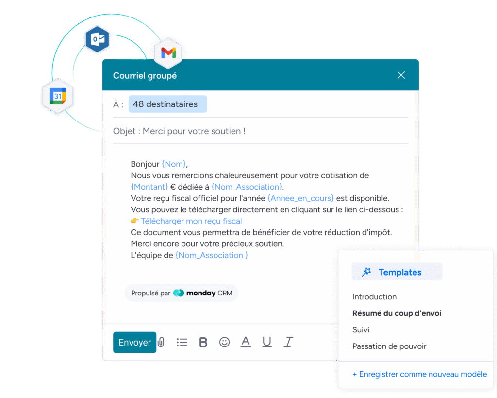Interface d'envoi de courriel groupé et de gestion des modèles d'e-mailing sur monday CRM.