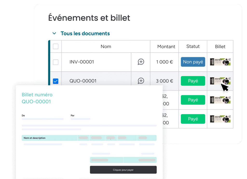 Interface de gestion des événements et de la billetterie permettant de suivre le statut des paiements et d'éditer les billets.