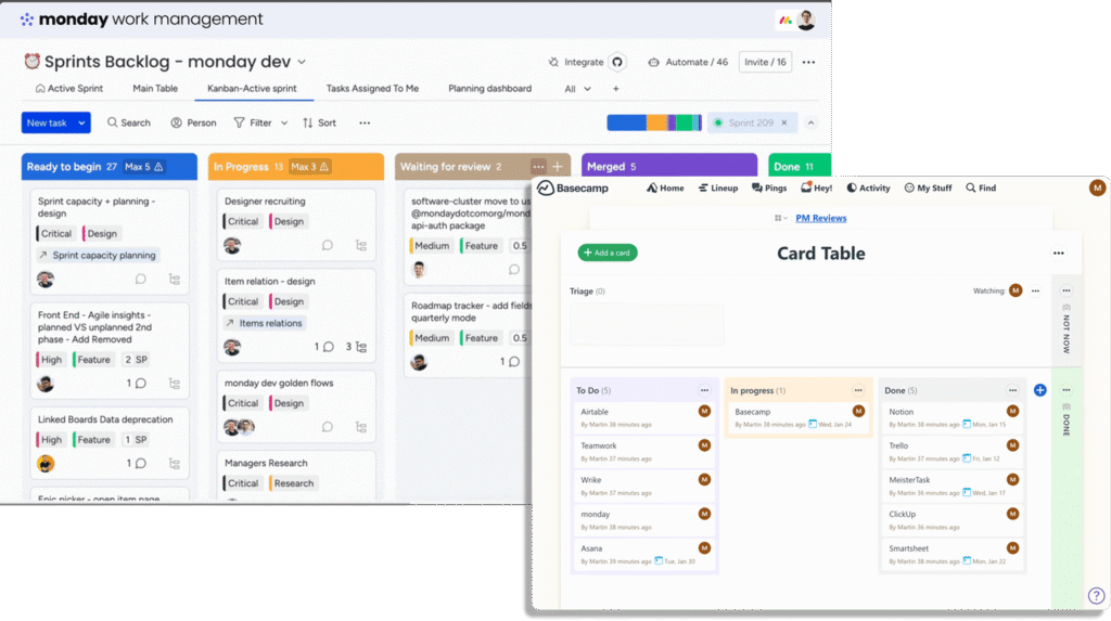 Comparatif de la gestion des tâches en vue Kanban entre monday dev et la Card Table de Basecamp.