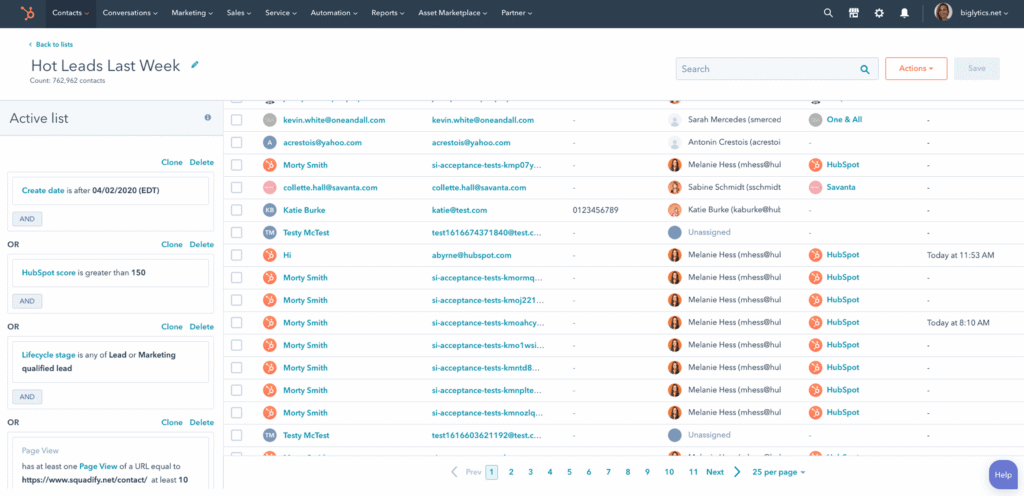 Liste active de contacts qualifiés sur l'interface de HubSpot CRM.