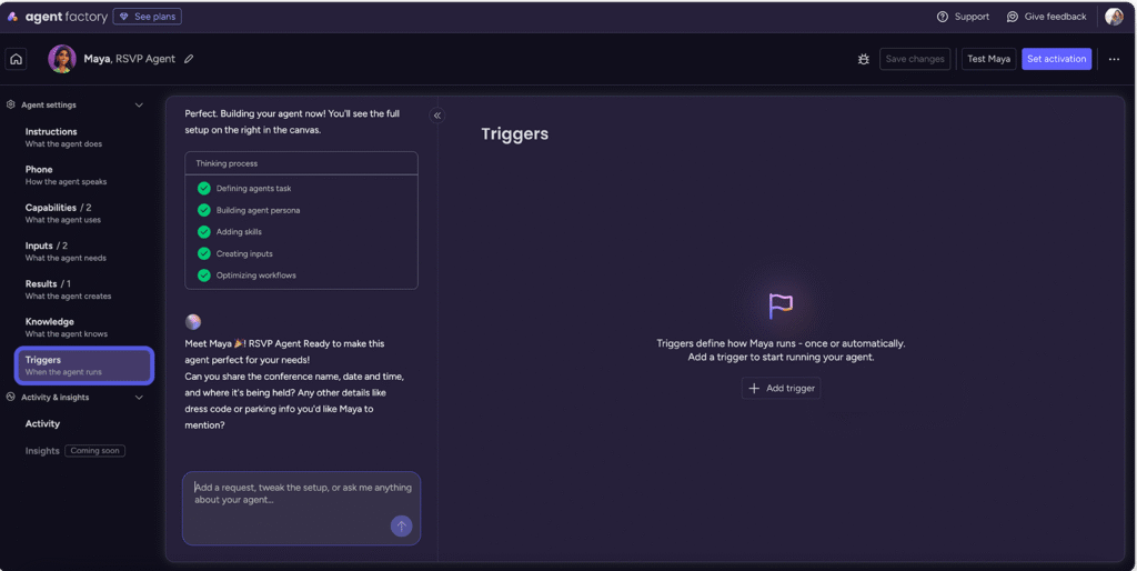 Interface d'Agent Factory permettant de créer un monday AI agent personnalisé sans coder.