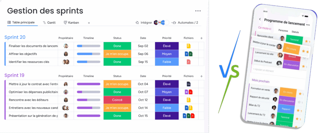 Comparaison de l'interface gestion des sprints sur desktop vs le programme sur mobile.