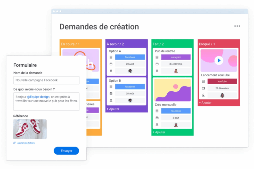 Pipeline monday CRM avec gestion visuelle des demandes et workflow Kanban collaboratif.