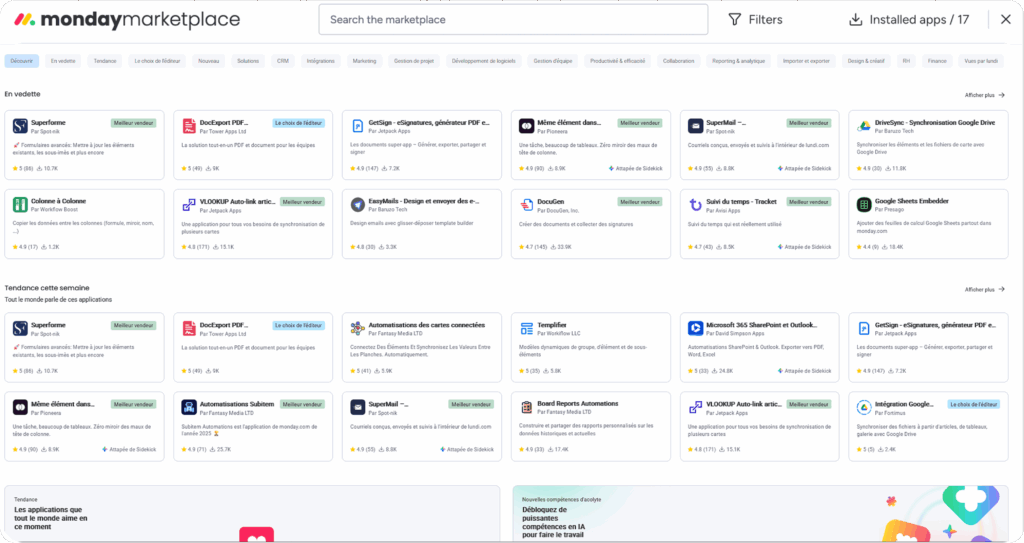 Marketplace monday avec applications CRM, automatisations et intégrations prêtes à installer