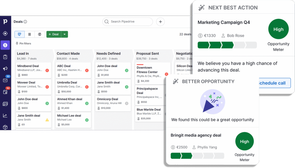 L'IA de Pipedrive suggère des opportunités de vente dans ce duel Pipedrive vs monday CRM.