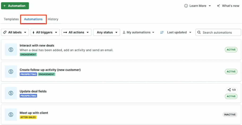 Menu d'automatisation simple de Pipedrive, un point clé du test Pipedrive vs monday CRM.