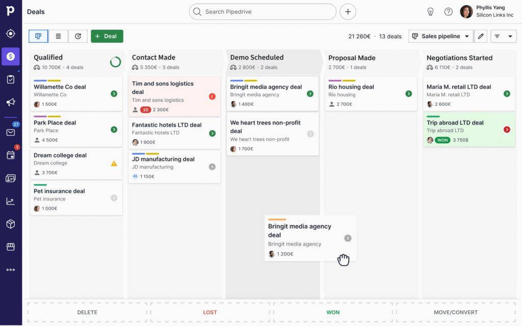 Vue en pipeline des opportunités commerciales de l'interface Pipedrive pour le suivi des ventes.