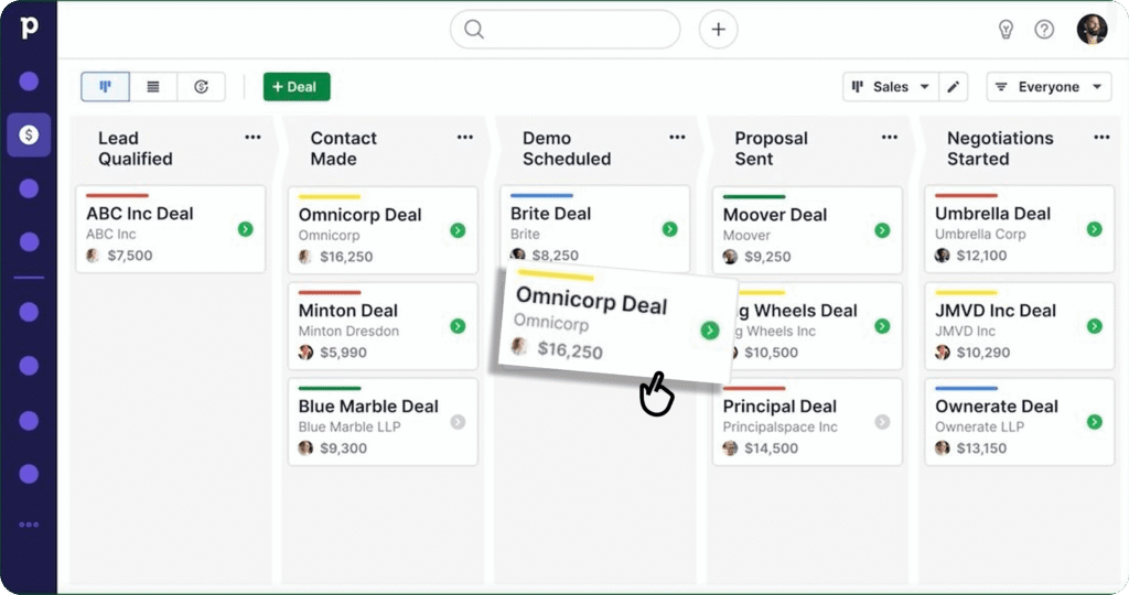 Vue en colonnes du pipeline de vente Pipedrive dans le cadre du comparatif Pipedrive vs monday CRM.