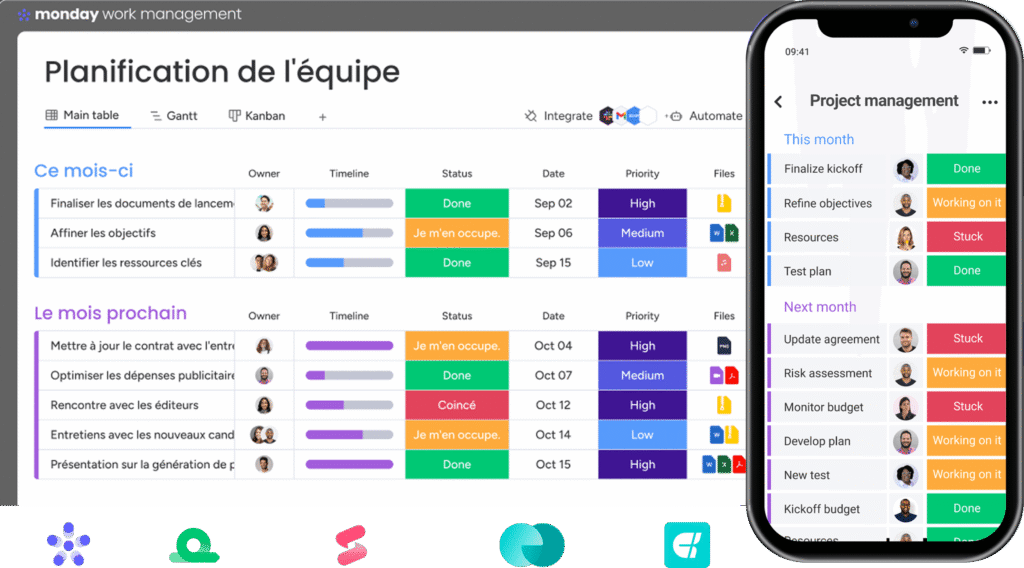 Aperçu de la planification d'équipe sur ordinateur et du project management sur mobile.