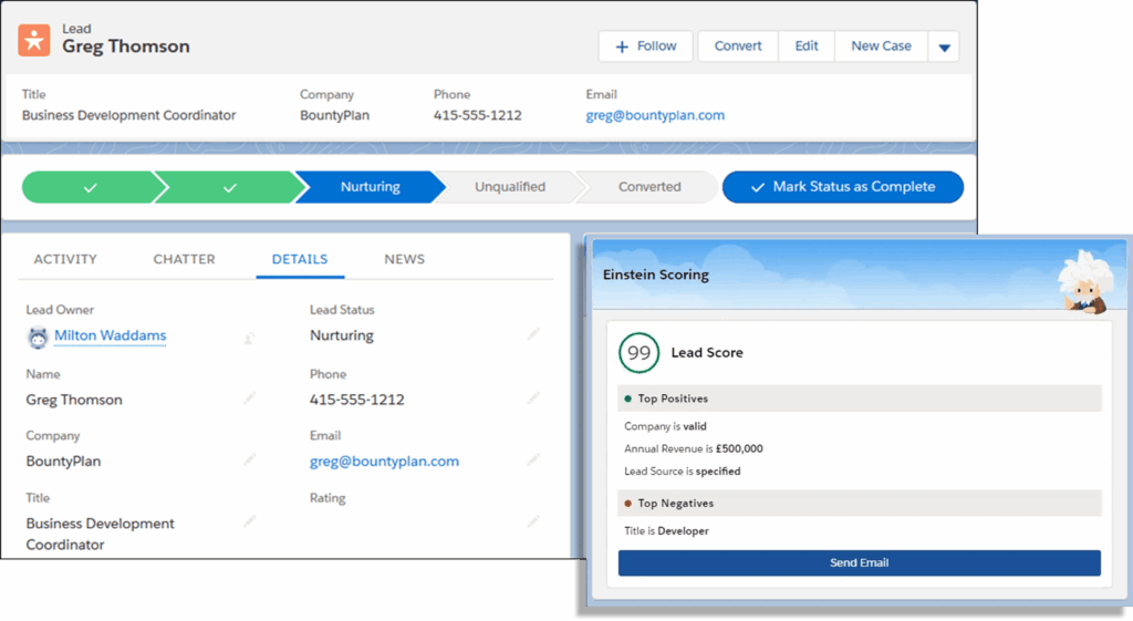Analyse prédictive Salesforce Einstein avec scoring de leads automatisé et données CRM commerciales
