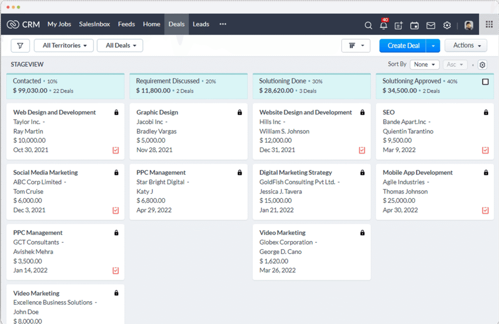 Vue en pipeline des opportunités commerciales sur l'interface de Zoho CRM pour les PME.