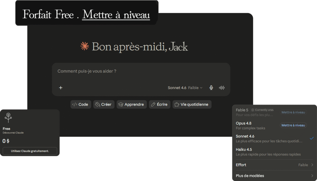Interface de l'application Claude AI en version gratuite avec le modèle Sonnet actif.