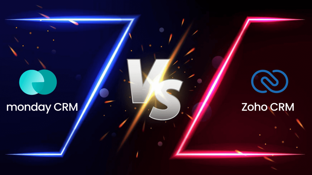 Visuel de duel entre monday CRM et Zoho CRM pour un comparatif des plateformes.