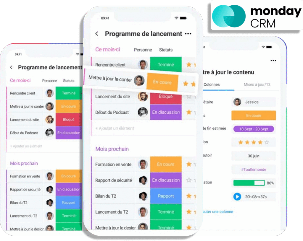 `Interface de l'application mobile monday CRM sur plusieurs smartphones.`