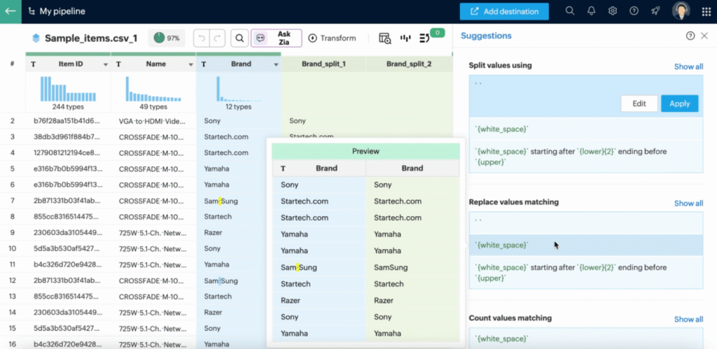 `Interface de nettoyage de données et suggestions d'automatisations Zoho CRM.`