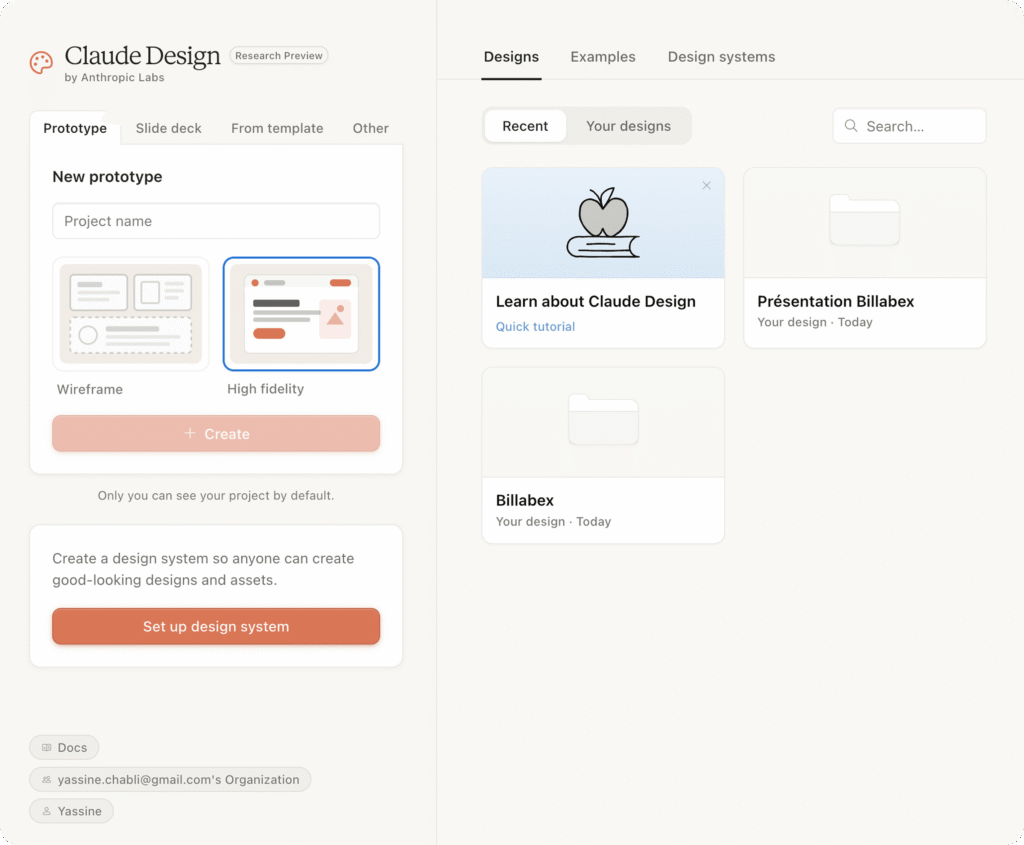 Tableau de bord Claude Design avec les options de création de prototypes et projets.
