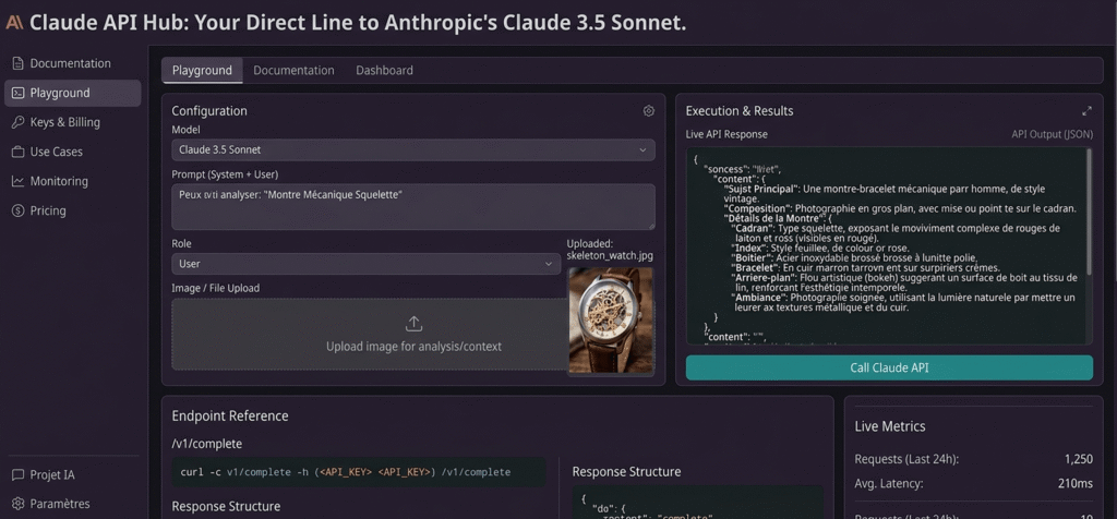 Interface Claude API Hub montrant une réponse JSON après l'analyse de l'image de la montre.