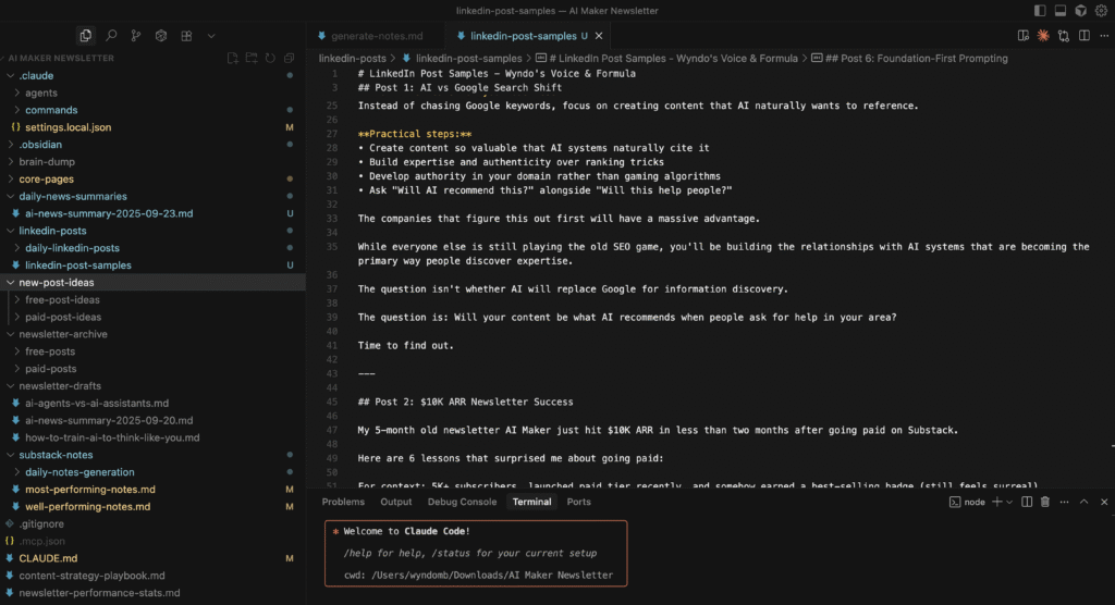 Interface d'un éditeur de code avec le terminal Claude Code actif en bas.