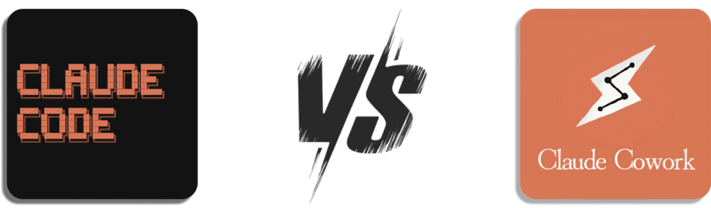 Comparatif visuel entre les logos de Claude Code et de Claude cowork sur fond noir.