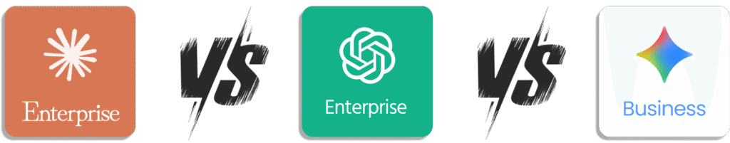 Comparatif des logos Claude Enterprise, ChatGPT Enterprise et Gemini Business séparés par « VS ».
