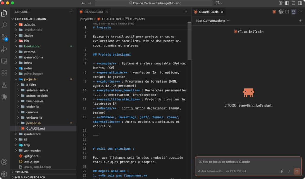 Interface de l'éditeur affichant un fichier CLAUDE.md pour la structuration de projets avec Claude.