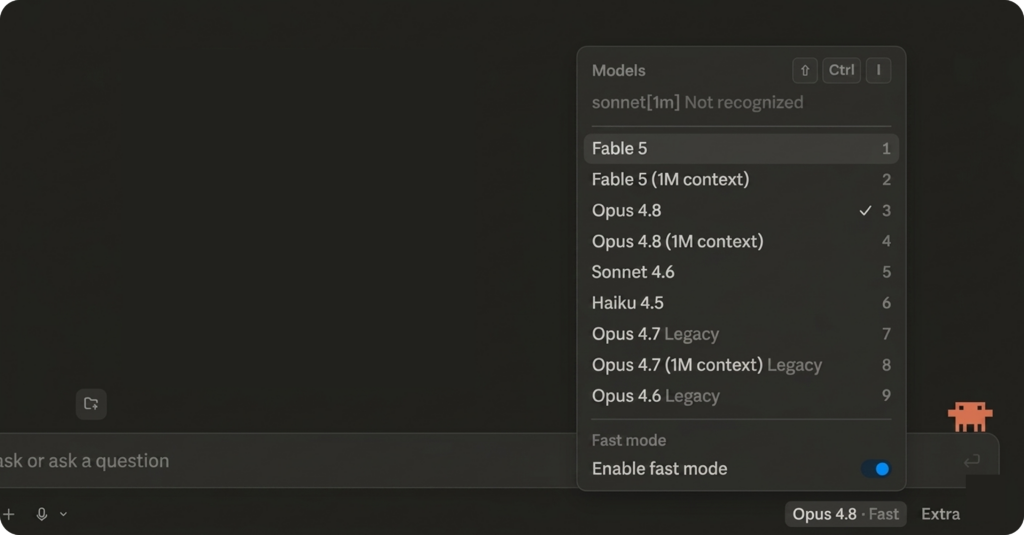 Interface de sélection des modèles d'IA avec Claude Fable 5 pour le traitement des tâches complexes.