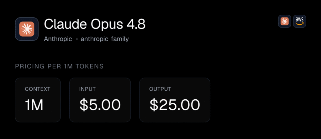 Interface de tarification pour Claude Opus 4.8 indiquant 1M de contexte, $5.00 en entrée et $25.00 en sortie.
