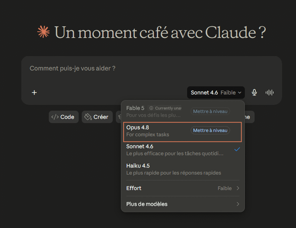 Interface d'accueil de Claude avec le menu de sélection des modèles qui affiche Opus 4.8.