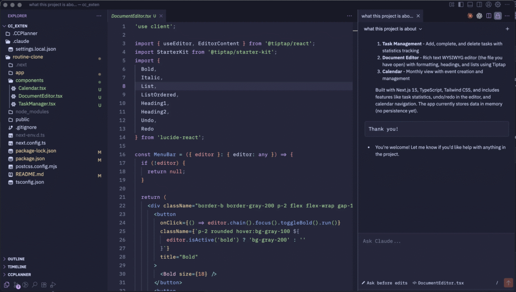 Interface d'éditeur de code VS Code avec l'assistant Claude analysant un projet de développement web.