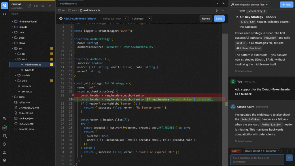 Interface d'édition de code avec un agent Claude modifiant un fichier de middleware d'authentification.