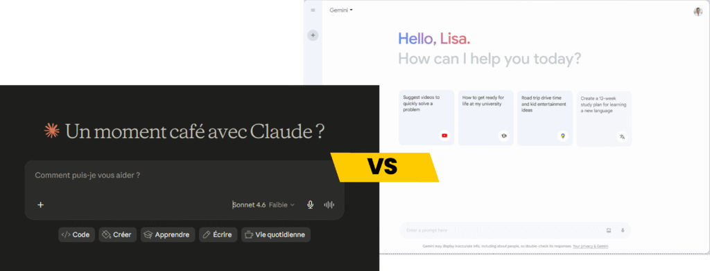 Comparaison des interfaces de Claude et Gemini avec un badge central VS.