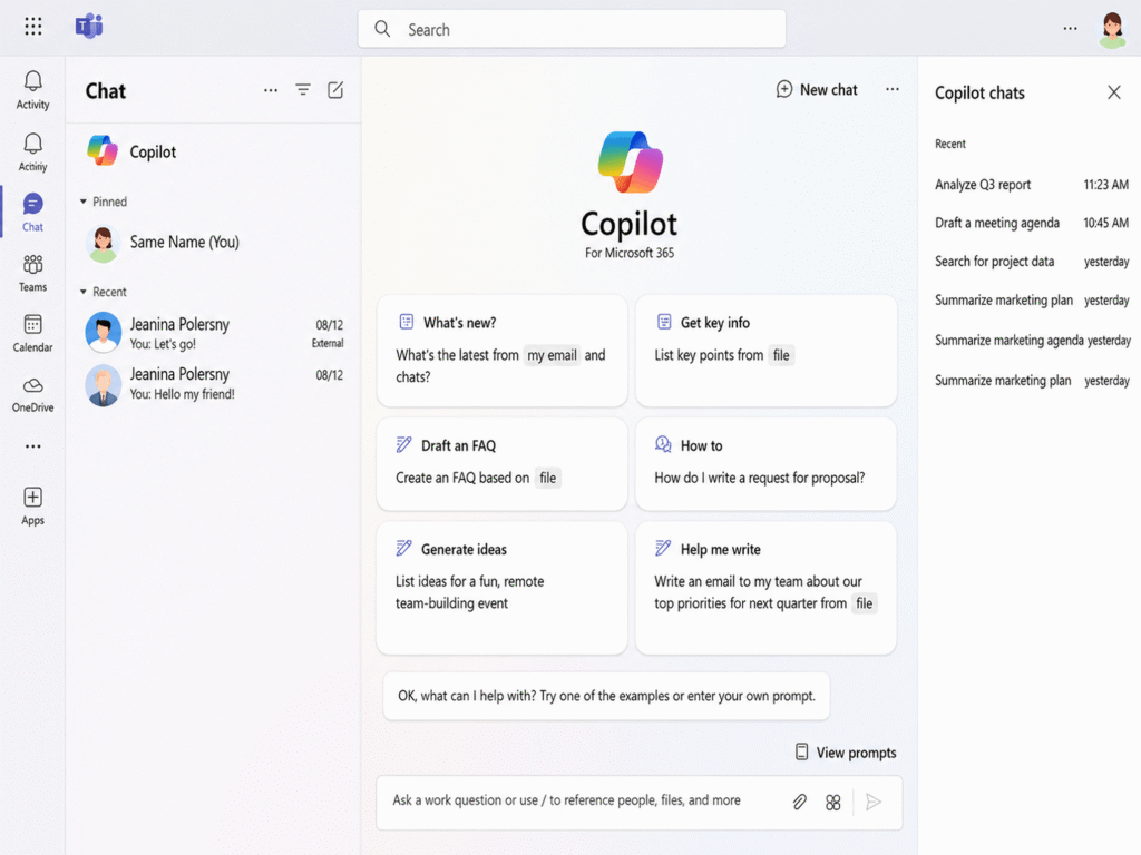 Copilot dans Microsoft Teams : suggestions pour faire le point sur ses e-mails, extraire les points clés d’un fichier ou rédiger un message.