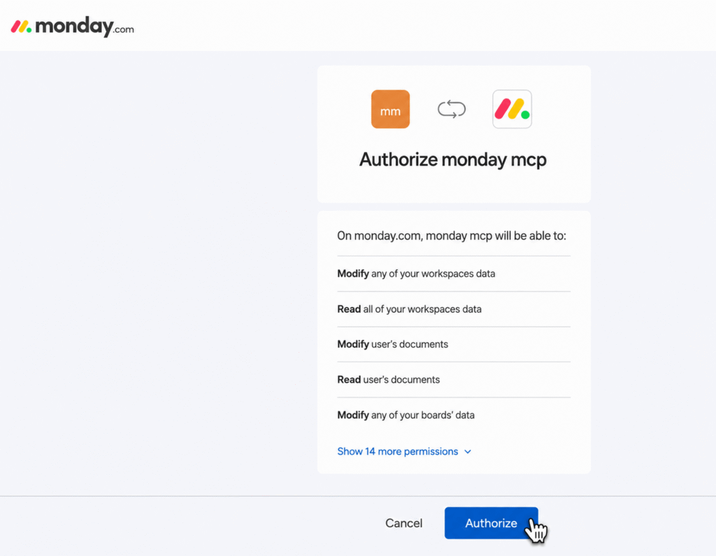 Interface d'autorisation pour monday mcp avec la liste des permissions requises.