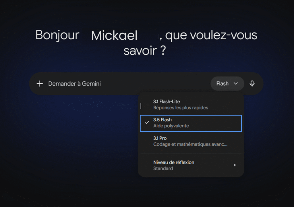 Interface d'accueil de Gemini avec le menu des modèles et l'option 3.5 Flash.