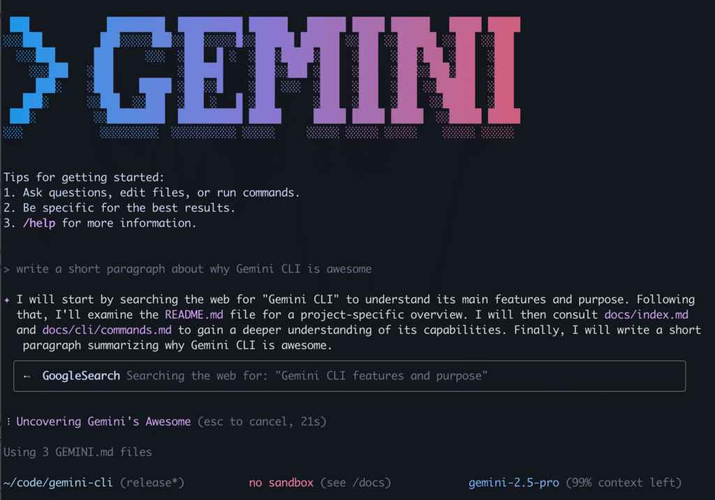 Interface du terminal Gemini CLI avec une recherche Google active.