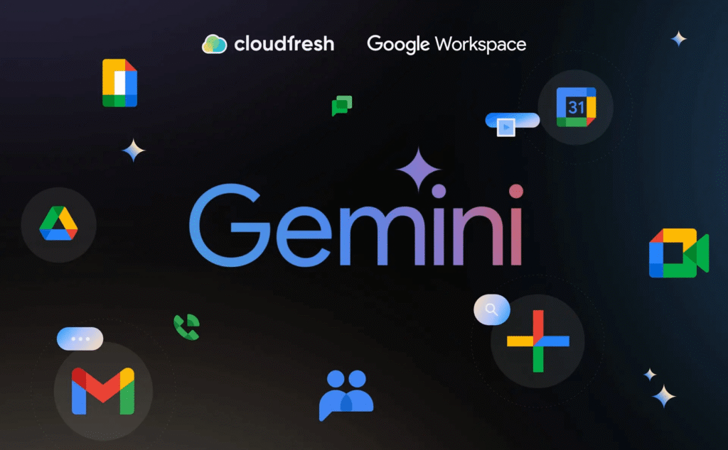 Logo Gemini au centre entouré des icônes d'applications Google Workspace sur fond noir.