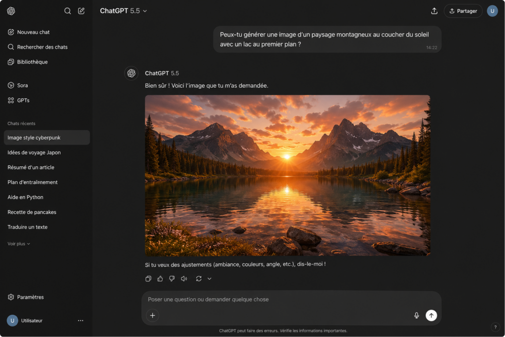 Interface ChatGPT 5.5 avec la génération d'un paysage de montagne. Mot clé : Claude AI vs ChatGPT.