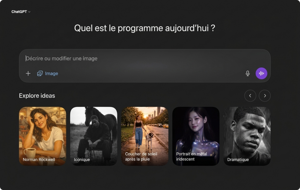 Interface multimodale de ChatGPT avec ses options de création. Mot clé : Claude AI vs ChatGPT.