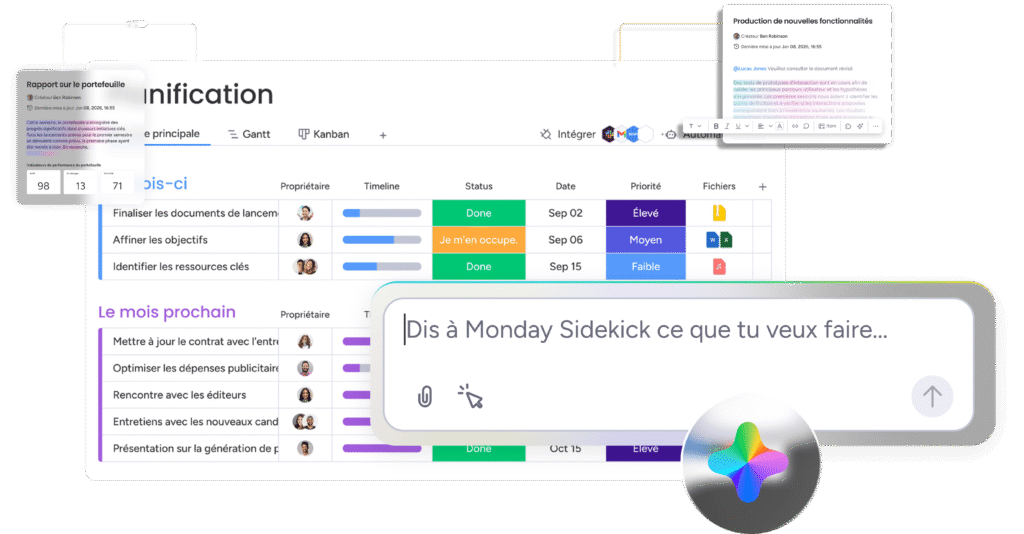 `Interface de l'assistant IA Monday Sidekick pour la gestion et la planification.`