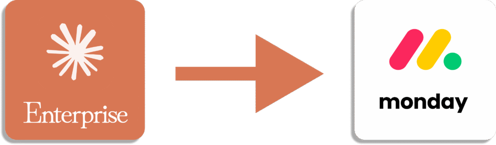 Logo de Claude Enterprise pointant avec une flèche vers le logo de monday.com.