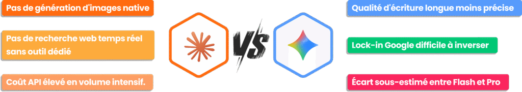 Un duel visuel oppose le logo de Claude à celui de Gemini avec une inscription VS centrale.