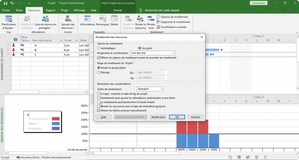 Nivellement des ressources et gestion des surutilisations dans Microsoft Project pour un comparatif monday vs microsoft project.