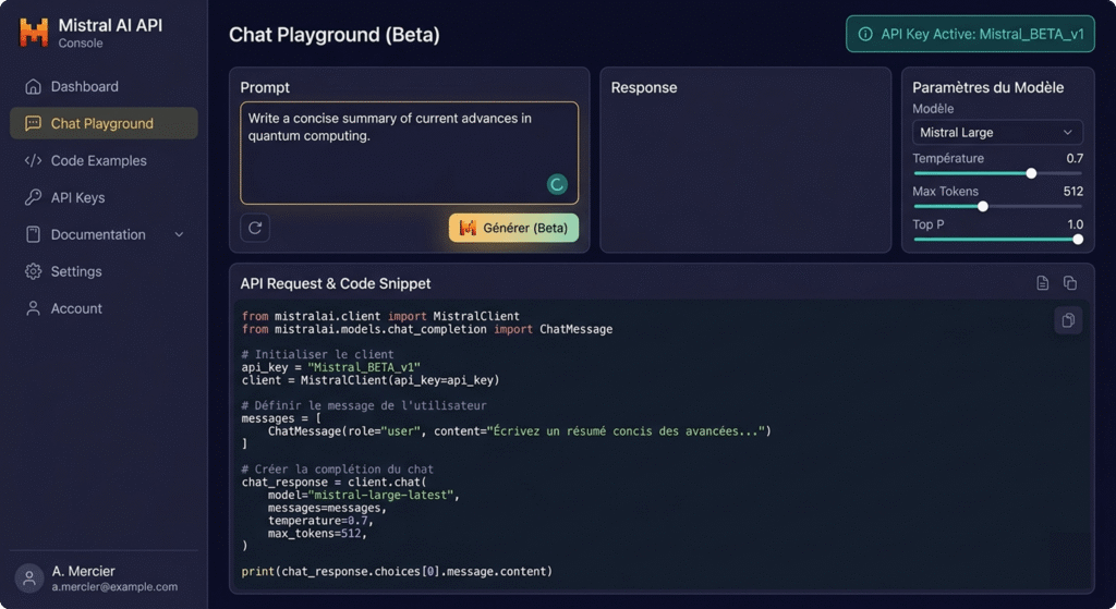 Interface de la console Mistral AI API avec l'espace Chat Playground et un extrait de code Python.