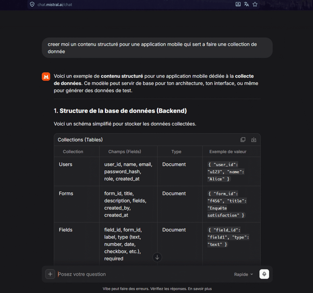 Interface de Le Chat Mistral affichant des notes de réunion et une proposition de valeur.