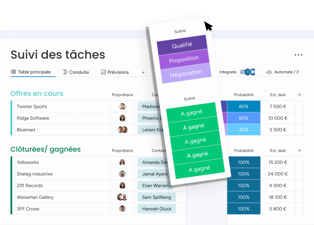 Options de personnalisation des statuts de vente dans un tableau de suivi monday CRM.